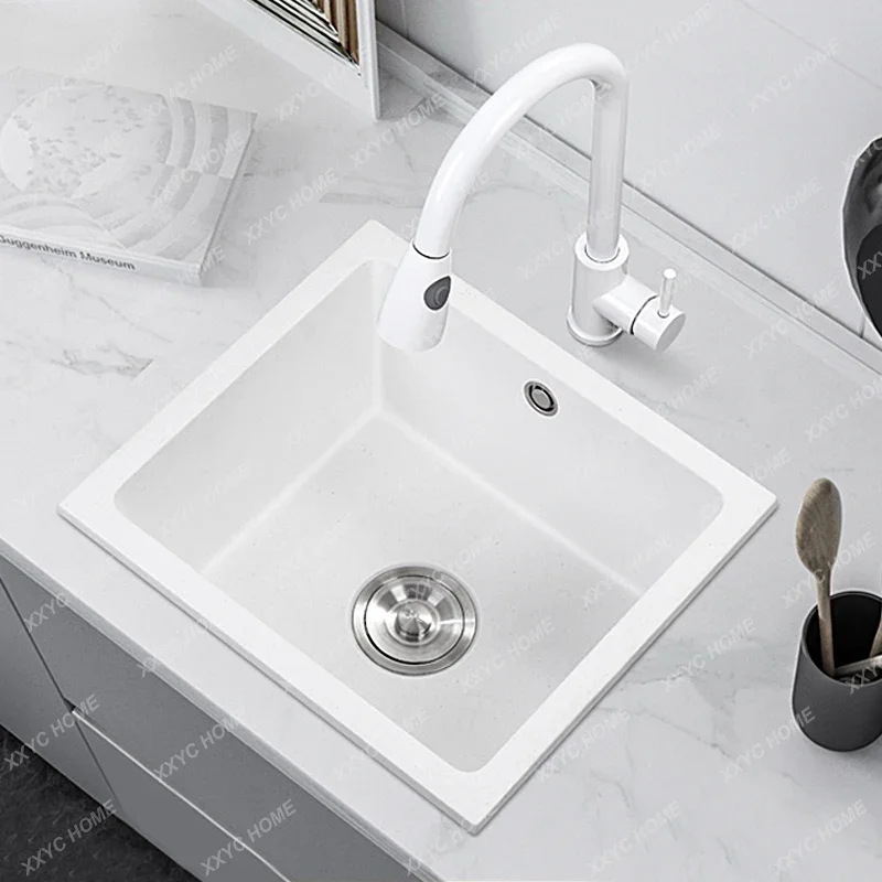 Square White Quartz Sink Large and Small Single Sink Kitchen Sink Washing Basin