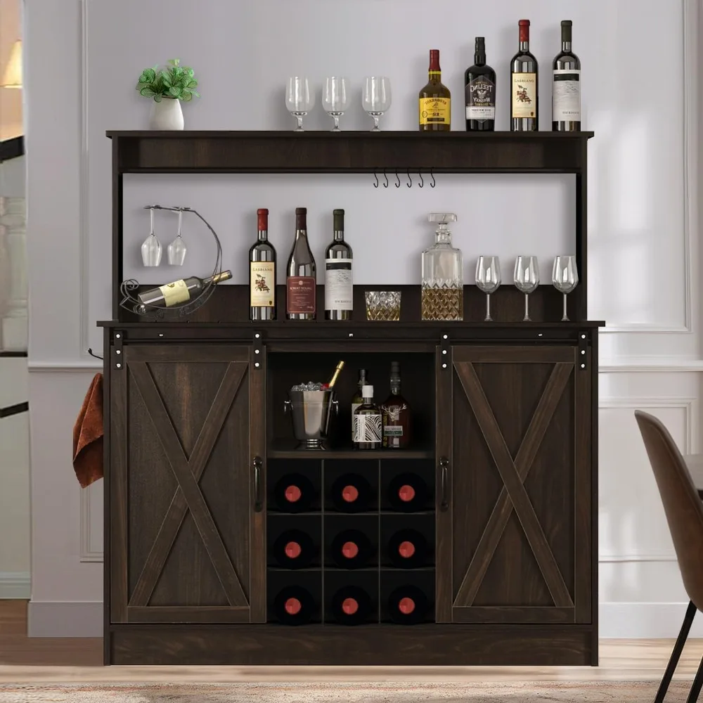 Armoire de bar à café de ferme avec 6 crochets, armoire de bar à vin d'alcool de 47 pouces avec 9 supports à vin, armoire de rangement de buffet de cuisine avec A