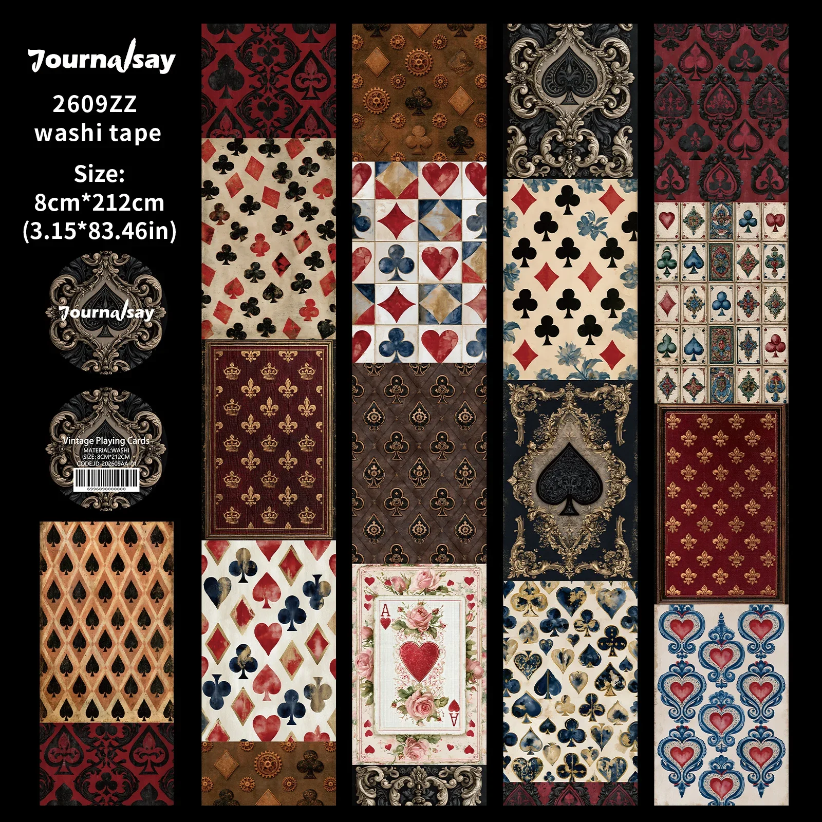 JIANWU 80mm*212cm Vintage speelkaarten landschapsmateriaal collage scrapbooking washi tape creatief DIY dagboek schrijfwaren