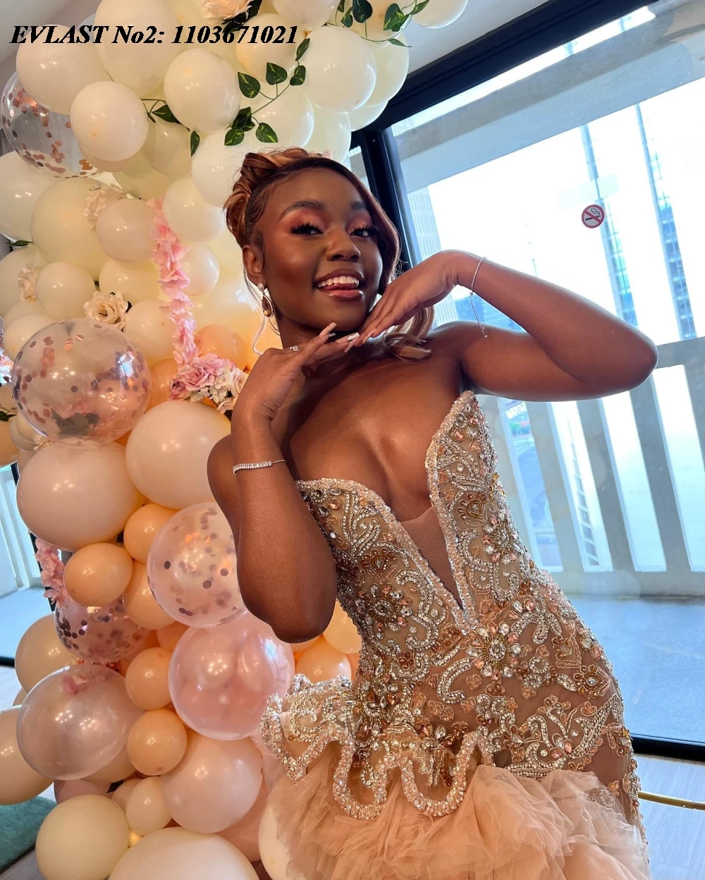 EVLAST カスタマイズされた Bulsh フリルマーメイドウエディングドレス黒人女の子ハイスリットゴールドダイヤモンドクリスタルビーズイブニングパーティードレス E2P303