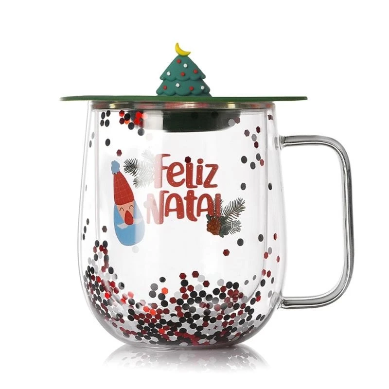 

652F Double Layered Christmas Themed Glass Cup Durable Double Layer Coffee Cups Christmas Glass Mug for Hot and Cold Drink