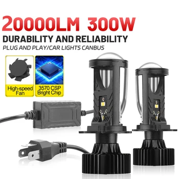 LED Canbus 헤드라이트 전구, 자동차 오토바이, 미니 프로젝터 렌즈 포함, 하이 로우 빔, 6500K 백색 램프, 12V, H4 9003, HB2, 20000LM