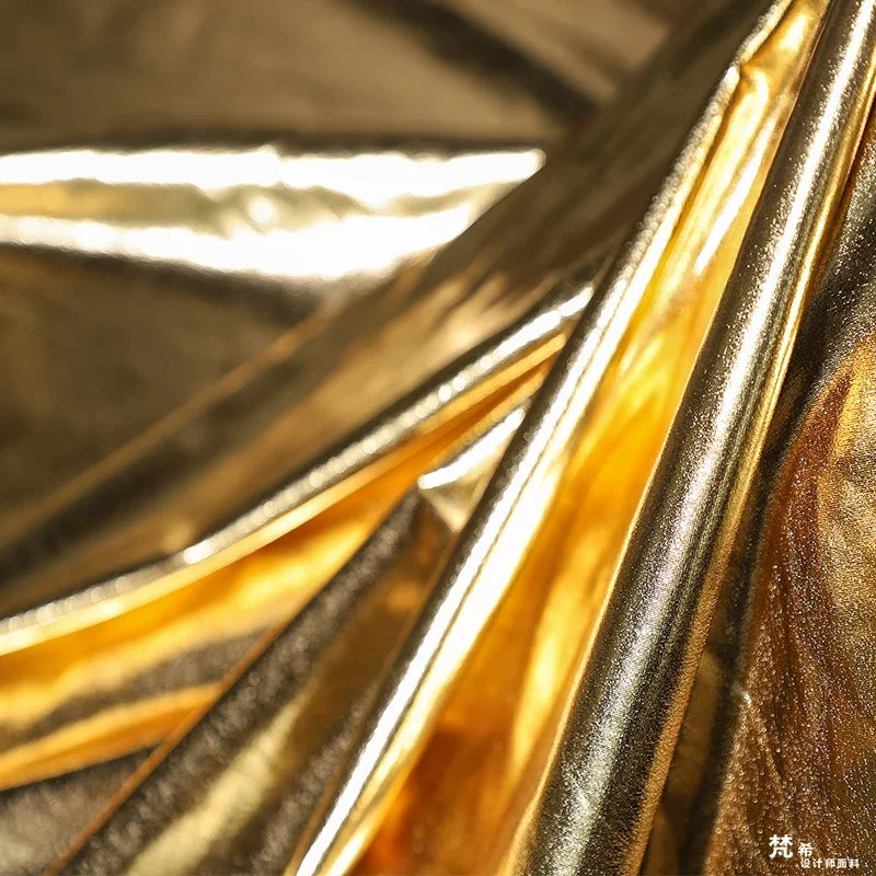 Designer Fabric TPU Artificial Leather Soft Bright Gold Mirror Coated Elastic Knitted Fabric Diy Sewing By The Meter Wholesale