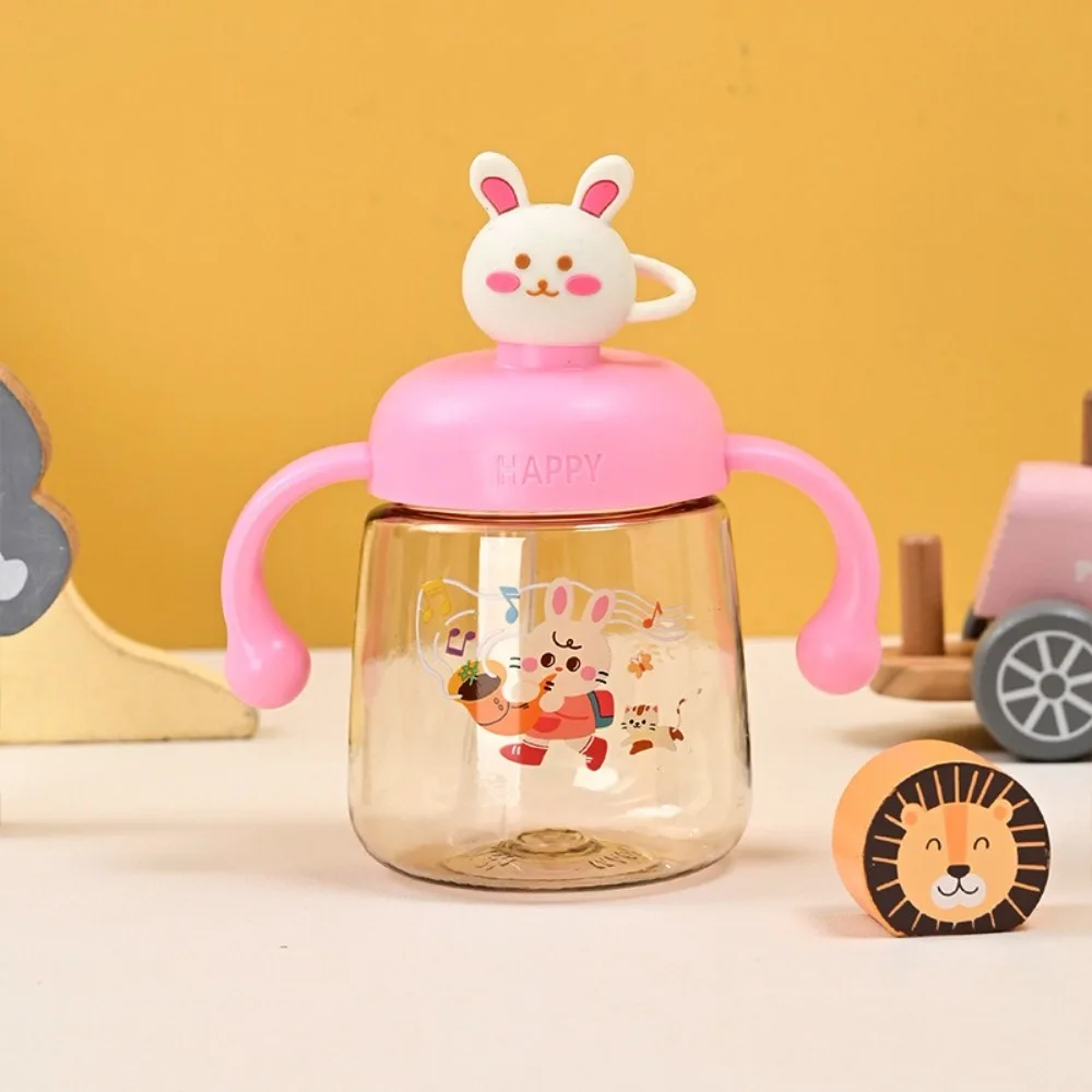 Portable Cartoon Baby Feeding Bottle with Straw 350ml Baby Drinking Cup Drop Resistant Wide Caliber Toddler Milk Cup Outdoor