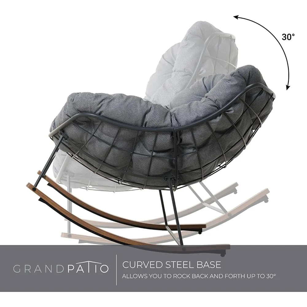 Rocking Chair Outdoor, E-Coated Papasan Rocking Chair with Cushion, Outdoor Oversized Recliner Rocker for Patio Porch