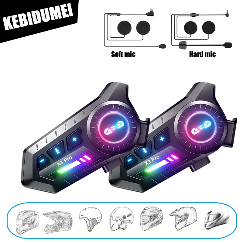 

KEBIDUMEI X3 Pro BT 6.0 Motorcycle Intercom Headset Helmet with FM Radio Music Sharing intercommunicator 500M For 2 Riders
