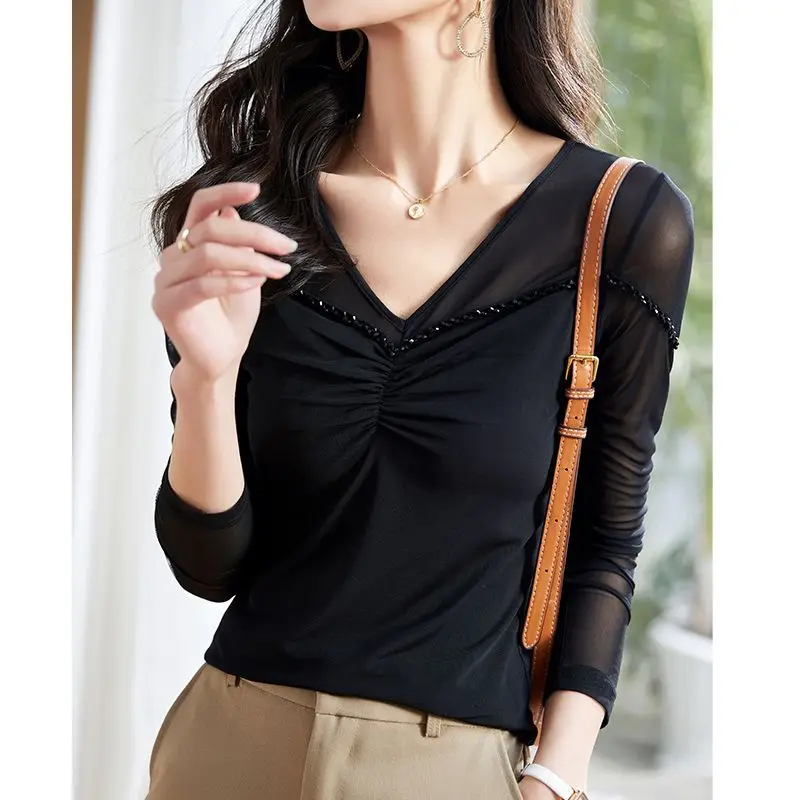 Spring Summer New Net Yarn V Neck Bottoming Shirt Long Sleeve V Neck Slim Solid Temperament Tops Elegant Fashion Women Clothing