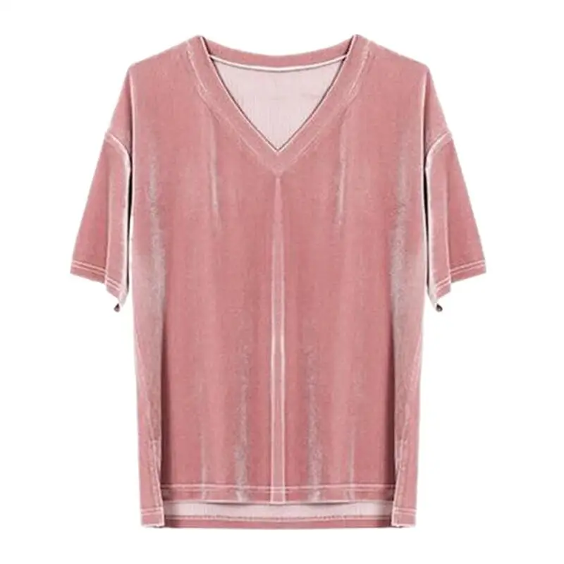 2026 Autumn Fashion Female Summer Shirt Slim Tops Gold Velvet Shirt V-Neck Short Sleeves Women Velour Shirts  brown pink black