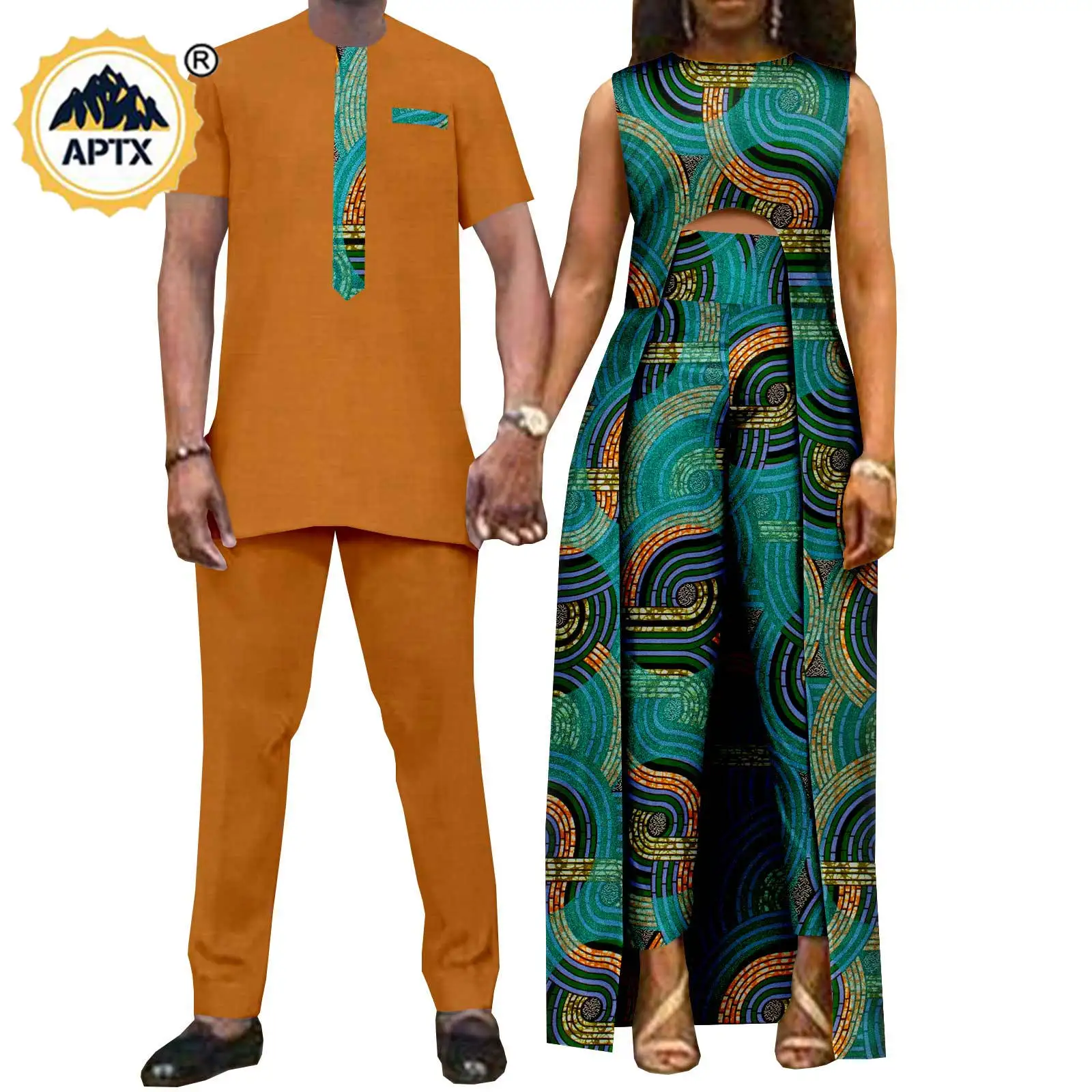 

African Clothes for Men Matching Couple Outfits Dashiki Sexy Women Print Long Top Dress and Pant Sets Bazin Riche Kaftan Y22C068