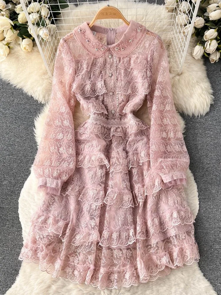 

High Quality Gorgeous Flower Embroidery Dress For Women Summer Long Sleeve Beading Layer Cake Sweet Cascading Ruffles Vestidos