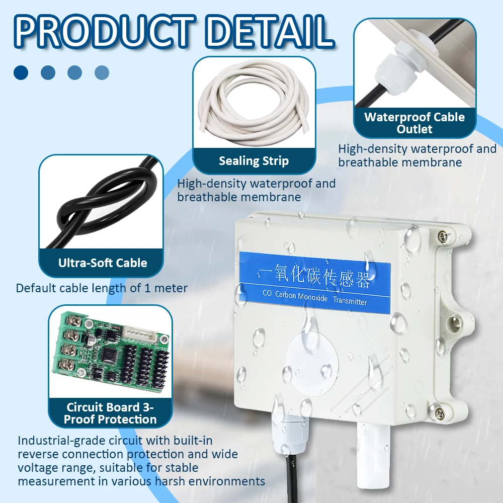 CO Sensor Alarm Soot Gas Pollution Detector RS485 Output Analog 0-5V 0-10V 4-20mA Carbon Monoxide Gas Sensor 0-1000ppm