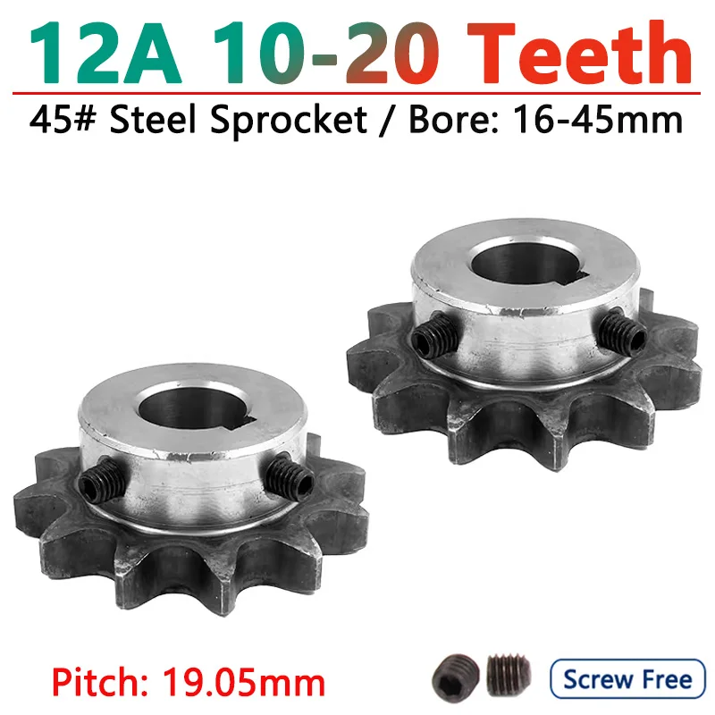 1pcs 10T-20T 12A Industrial Drive Sprocket Wheel 45# Steel Chain Gear 10 11 12 13 14 15 16 17 18 19 20 Teeth Keyway Bore 16-45mm