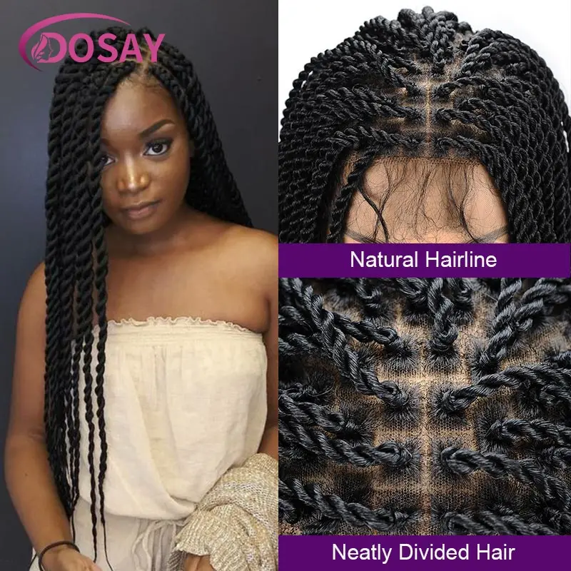 Perucas trançadas senegalesas sintéticas para mulheres negras, perucas de renda frontal completa, peruca trançada de caixa, Faux Locs, tranças