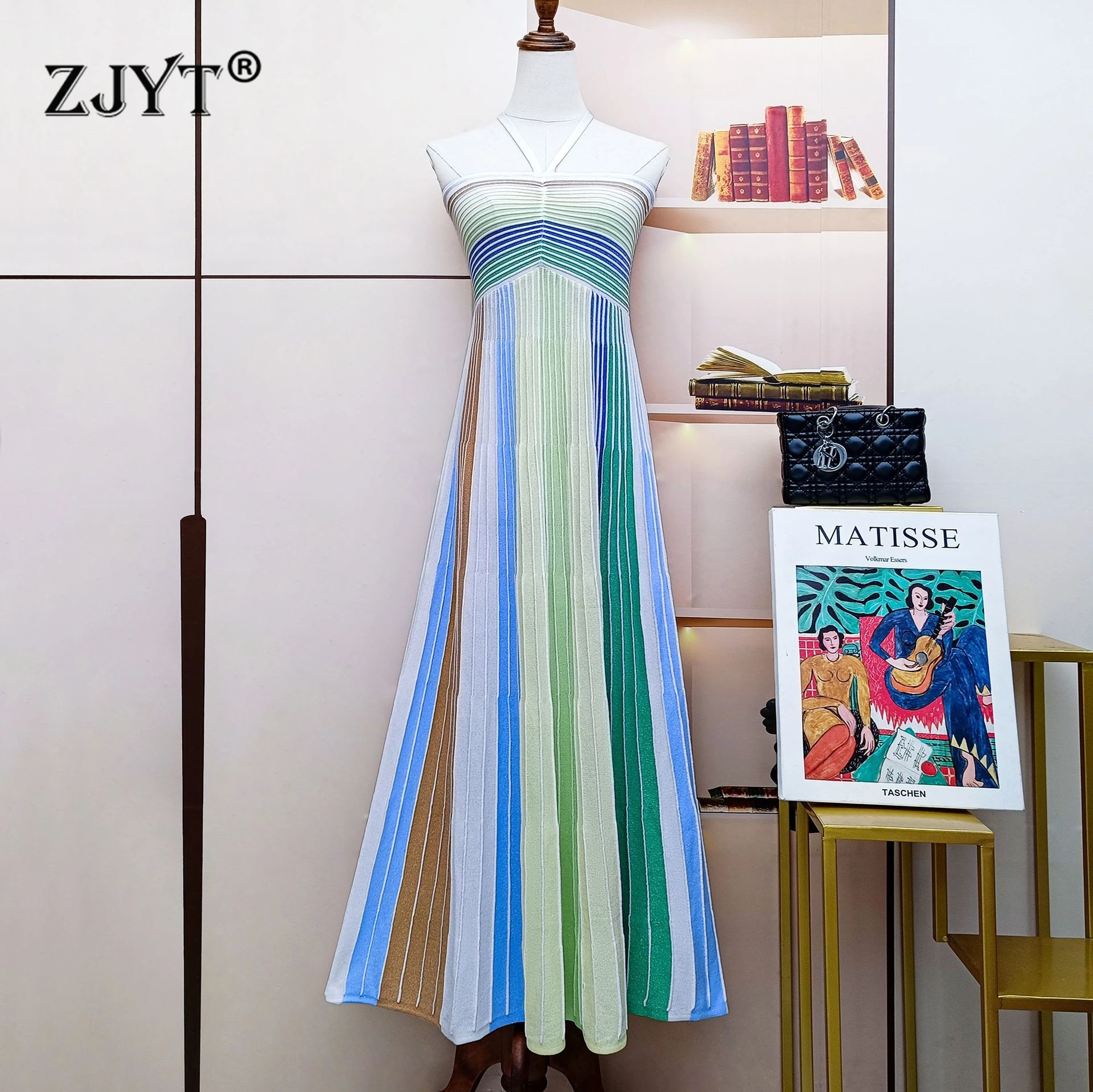 

ZJYT Women's Summer Halter Neck Knitting Long Dresses Sleeveless Colorful Striped Holiday Beach Dress Female Vestidos Sexy