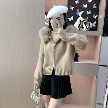 2023 mode Herbst Winter Casual Mit Kapuze Echt Fox Pelz Kragen Mode Kurze Gestrickte Jacke mit Natürlichen Pelzmantel für Frauen