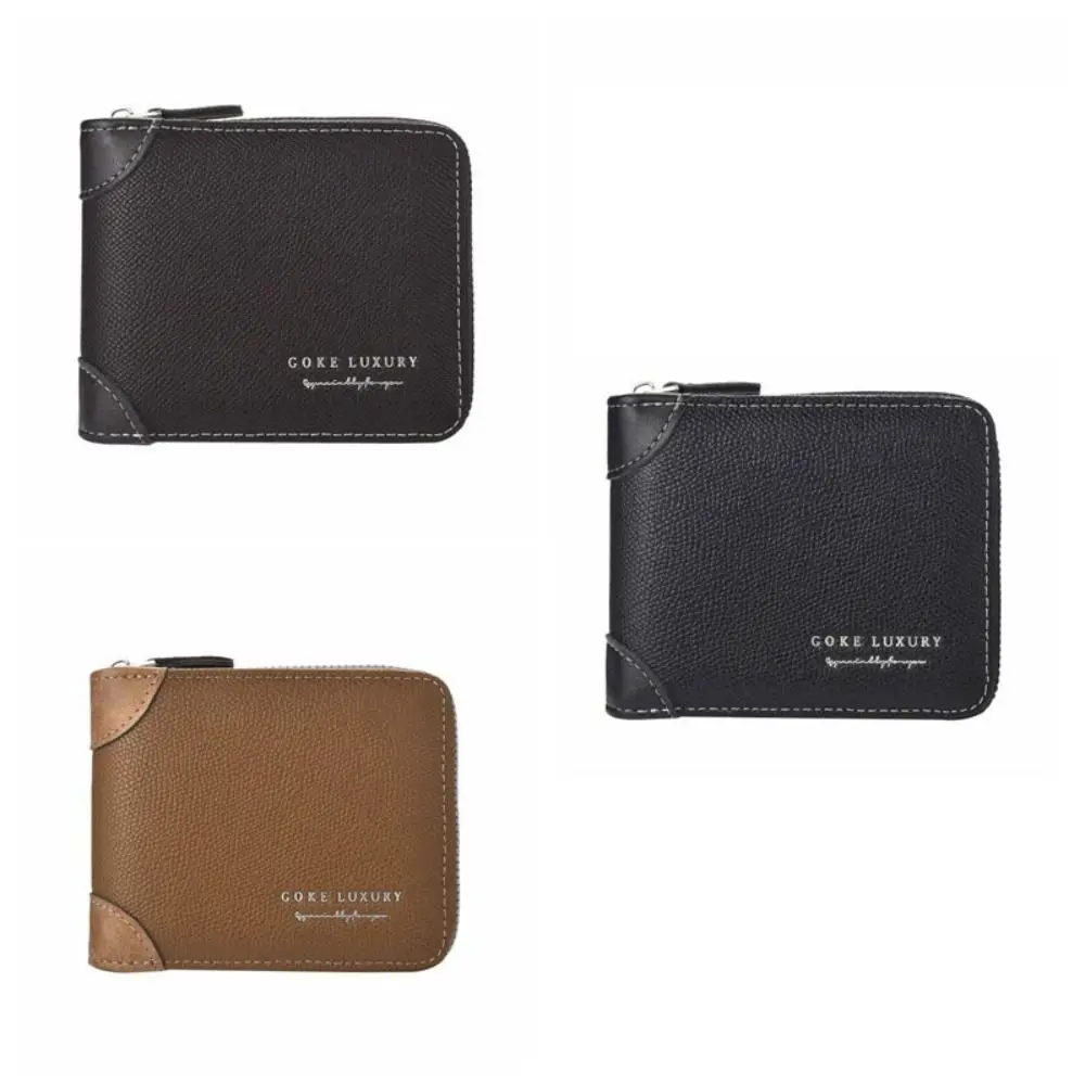 Dompet Pria Retro PU dengan Ritsleting, Warna Solid, Tempat Kartu Bisnis, Dompet Pendek dengan Banyak Slot Kartu, Dompet Koin Kulit, Hadiah
