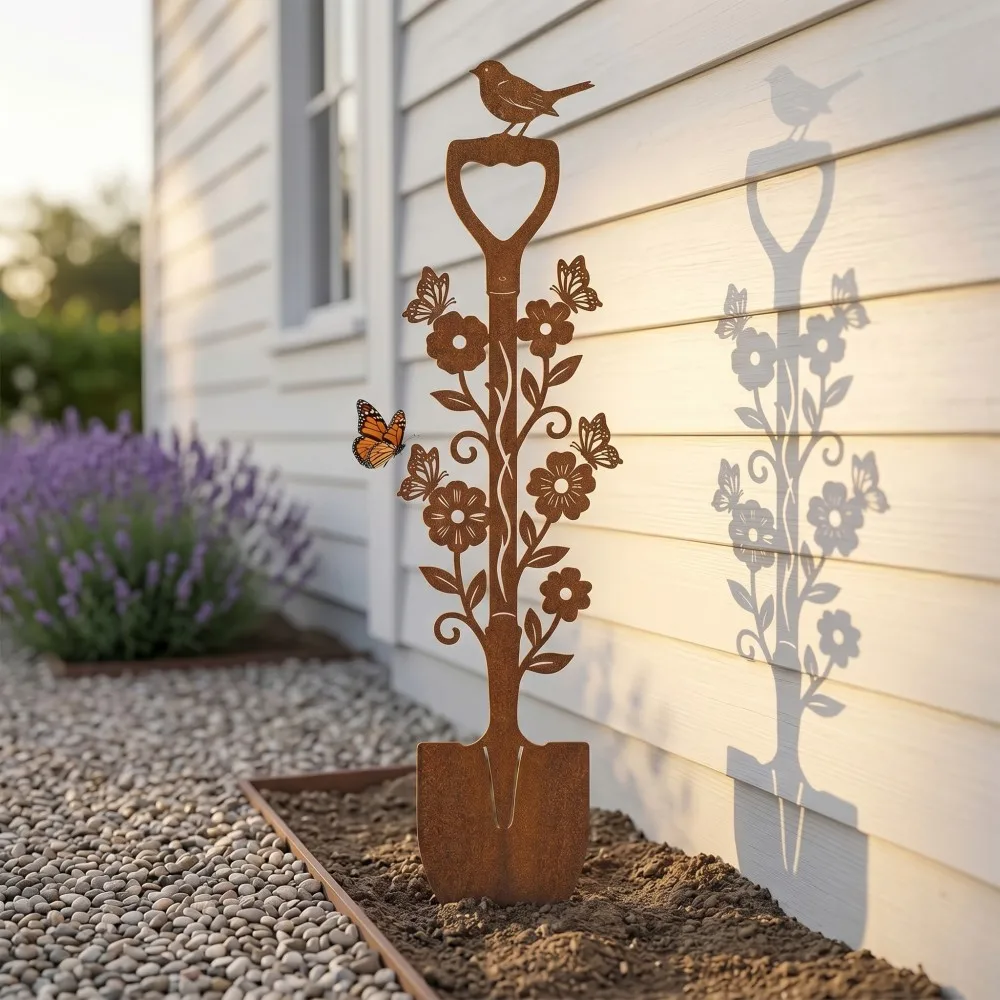 【2D Flat】 1pc Rusted Metal Spade Garden Stake, Bird And Flower Garden Decoration, Rustic Outdoor Yard Decor