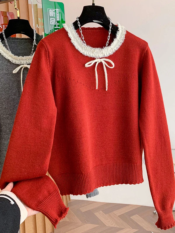 

Вязаный свитер больших размеров в корейском стиле, повседневный, женский, с кружевной отделкой, универсальный, свободного кроя, зимний, с длинными рукавами, круглым вырезом