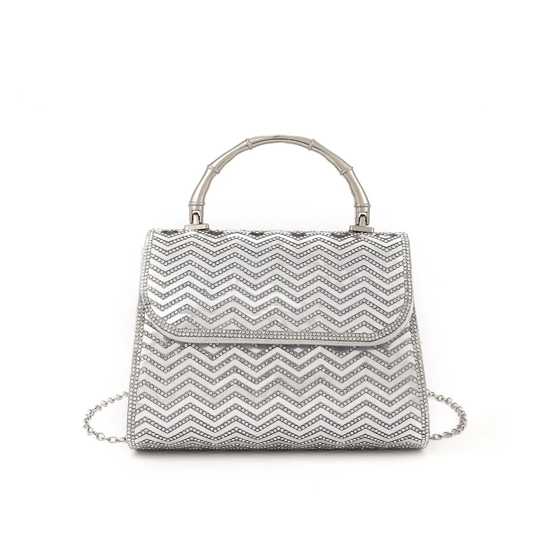 

Design Mirror Wavy Pattern Crystal Handbag for Women Shining Bamboo Knot Handle Evening Bags KTV Nightclub Socialite Banquet Bag