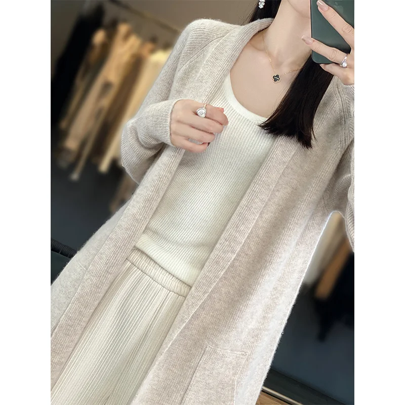 Pure Cashmere Cardigan Jacket Women\'s Medium Length Thickened Pocket Scarf Collar Versatile Wool Knit Outer Layer Sweater