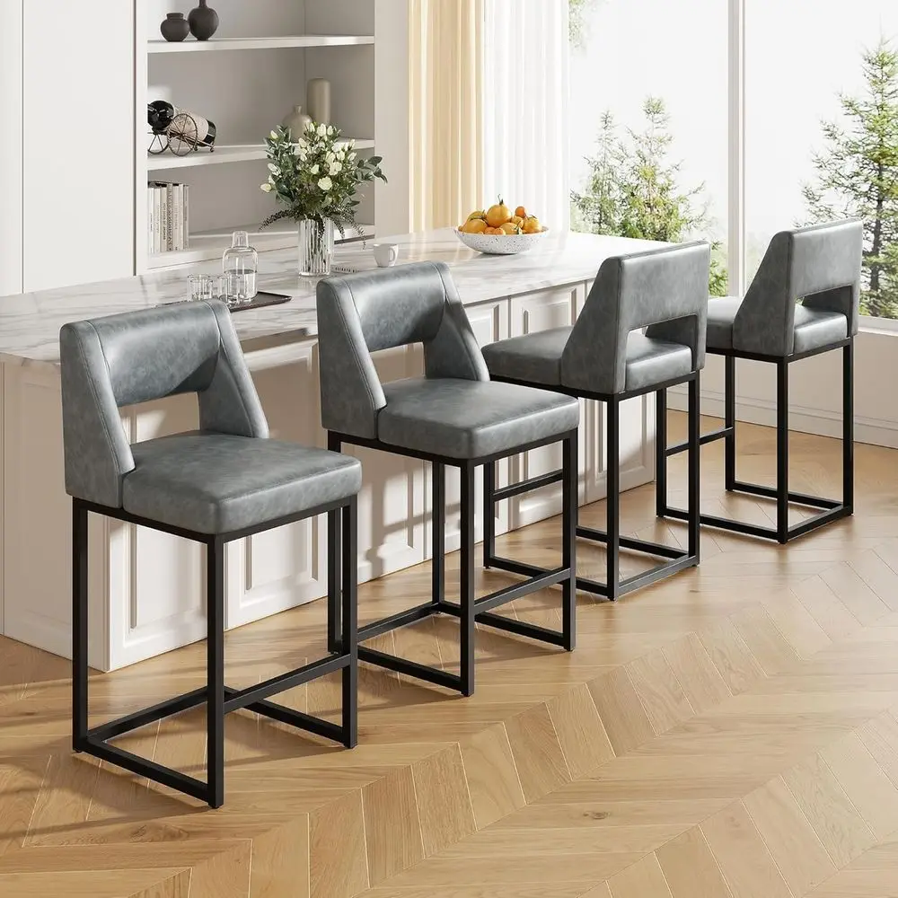 

Elegant Grey Upholstered Leatherette Bar Stools with Metal Bases for Kitchen Counter or Island, Set of 4