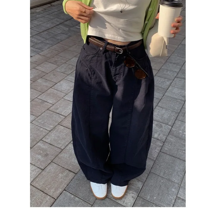 

Pure Color Straight Leg Pleated Floor-Length Jeans High Waist Casual Cotton Denim No Stretch Loose Fit All Seasons