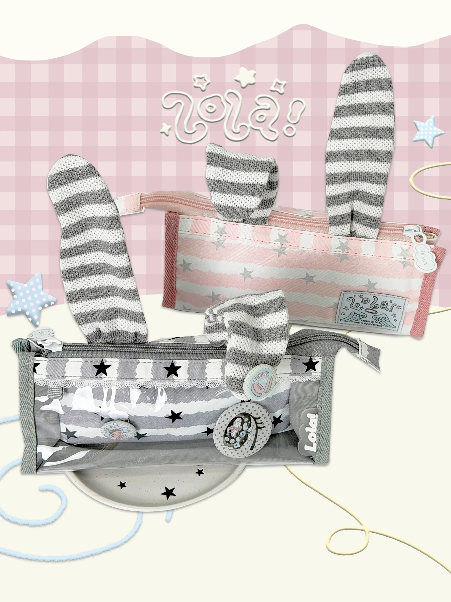  Design Cute Rabbit Ear Pencil Case Stripe Pattern Stationery Storage Bag Girl Style Retro Handbag Zipper Closure Leisure