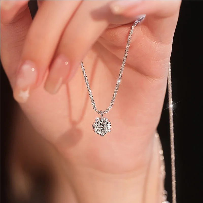 Sparkling Sterling Silver Necklaces Women\'s Fashion Versatile Chain Clear Zircon Pendant Clavicle O-Chain Necklace for Women