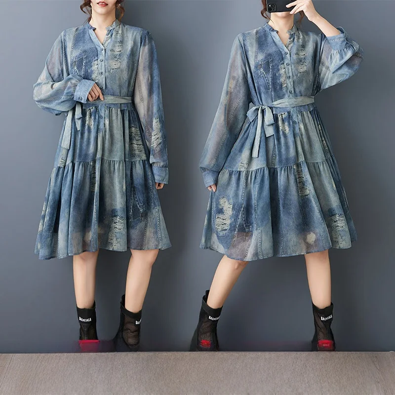 

Spring Summer New Loose Large Size Retro Fashion Print Pleated Splice V-neck Anti-aging Double Layer Dress Women's Skirt