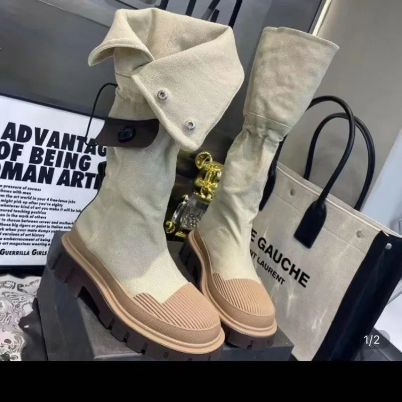 Women Flats Platform Fashion Denim Chelsea Boots Shoes Designer Knee High Motorcycle Boots Casual Goth Shoes Snow Botas Mujer