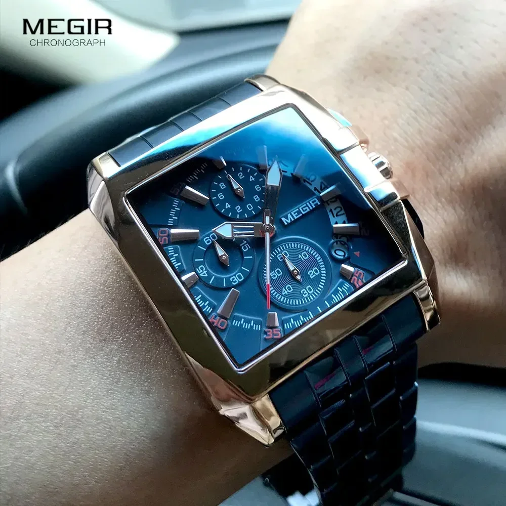 MEGIR ผู้ชายสแตนเลสนาฬิกาผู้ชายแฟชั่น Luxury Blue Rose Gold นาฬิกาข้อมือชายกันน้ําทหารกีฬานาฬิกา