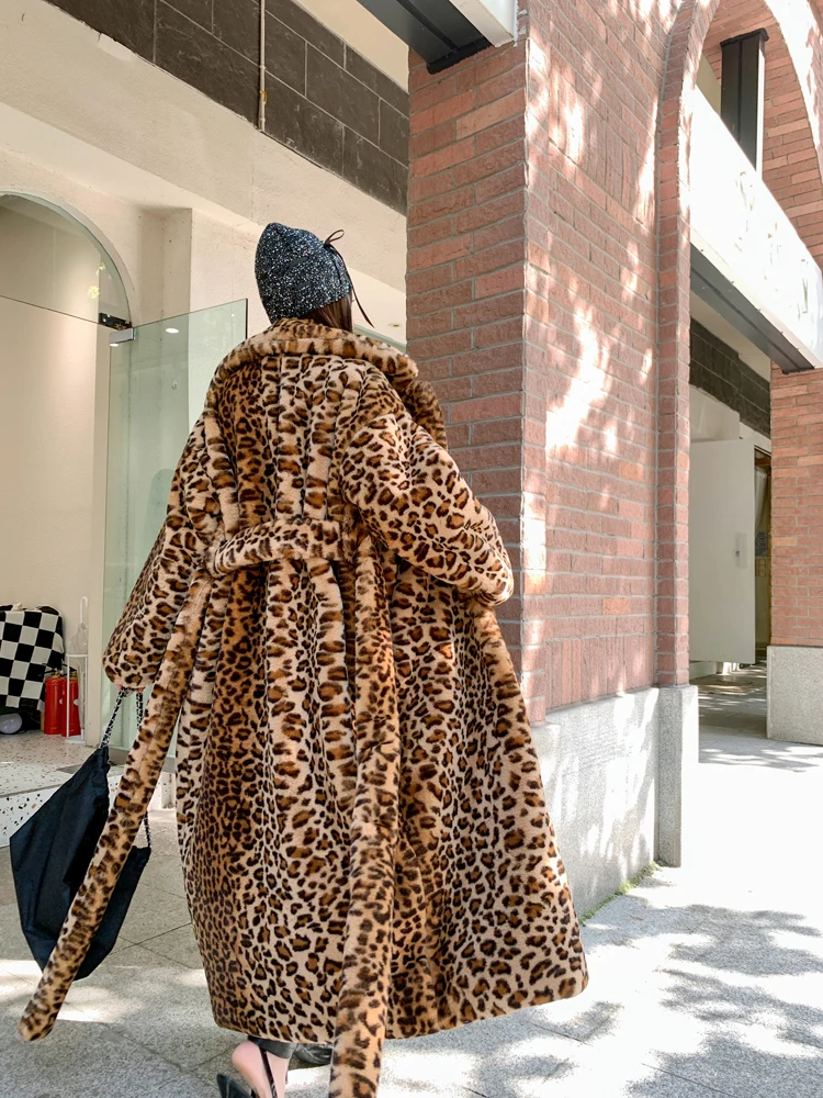 Original Design Female Leopard Print Faux Fur Coat Lady Lapel Long Jacket with Belted Streetwear Women\'s Winter Coats Promotion