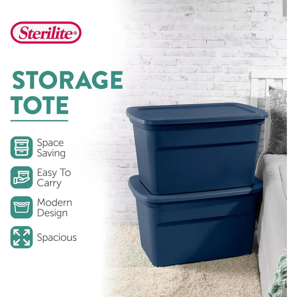صناديق تخزين بلاستيكية مكونة من 6 قطع، سعة 30 جالونًا، منظمات منزلية قابلة للتكديس مع أغطية كبس ومقابض مصبوبة، أزرق بحري لـ