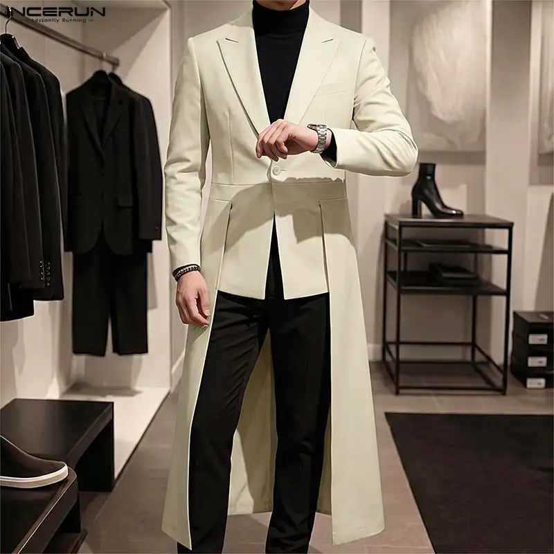 INCERUN Men's Long Style Blazer Lapel Long Sleeve One Button Irregular Blazer For Man Streetwear Autumn Elegant Casual Male Suit