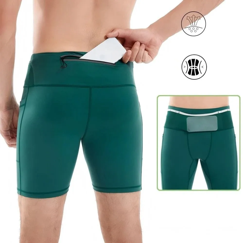 Multi-Pockets Marathon Running Shorts Breathable Moisture Wicking Compression Gym Tights with Waist Pack Quick Dry