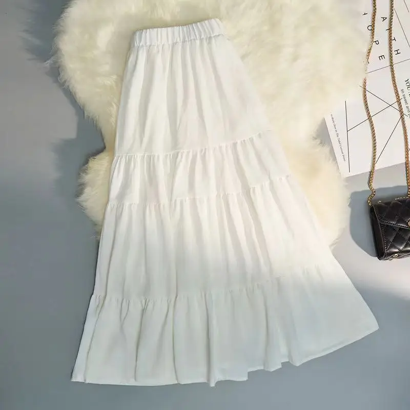 ホワイトハイウエストAラインスカート レディース 夏 2025 新作 スリーフルフリルロングスカート ケーキスリーフルフリル ルーズフィット 無地 ポリエステル...