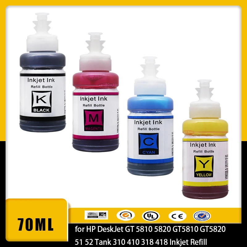 

GT51 GT52 70ML Refillable Dye Ink Bottle for HP DeskJet GT 5810 5820 GT5810 GT5820 51 52 Tank 310 410 318 418 Inkjet Refill