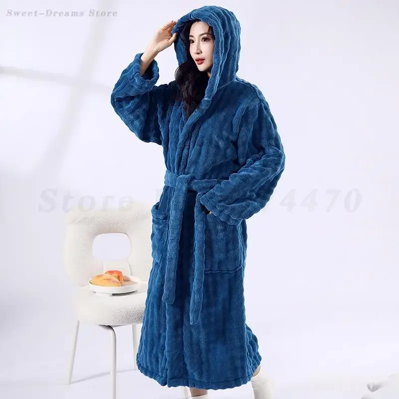 

Flannel Nightgown Autumn Winter New Sleepwear Female Robe Home Clothes Loose Hooded Bathrobe Nightwear Coral Fleece Loungewear