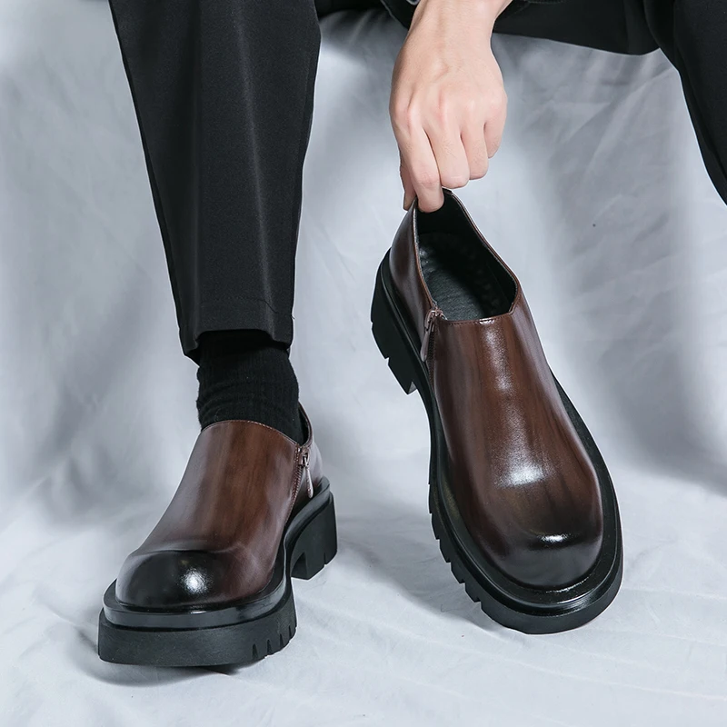 

Мужская повседневная прогулочная обувь, модные лоферы с боковой молнией, мужская деловая дизайнерская кожаная обувь ручной работы, дышащая мужская удобная обувь