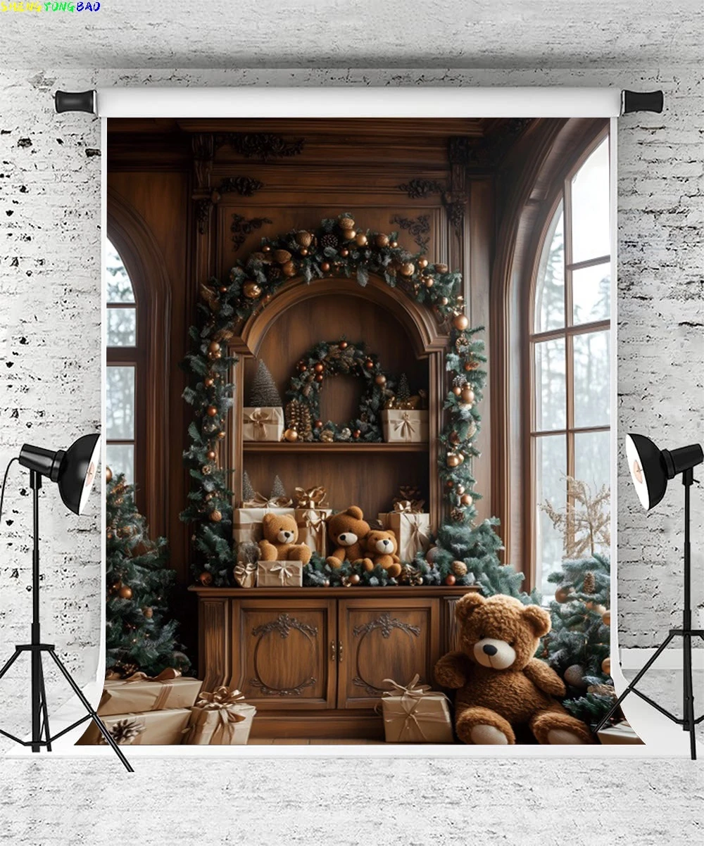 Fondos de fotografía de Navidad 2024 Feliz Navidad chimenea oso árbol de Navidad decoración interior Banner retrato de niño foto Prop