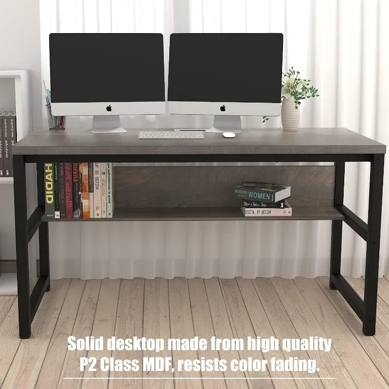 Computer Desk with Bookshelf/Metal Hole Cable Cover 1.18" Thick Desk (55", Espresso Gray)