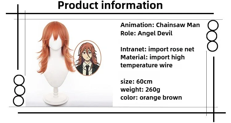 Motosserra homem cosplay peruca anjo diabo longo cabelo laranja unisex anime japonês vestir-se perucas festa desempenho traje acessórios