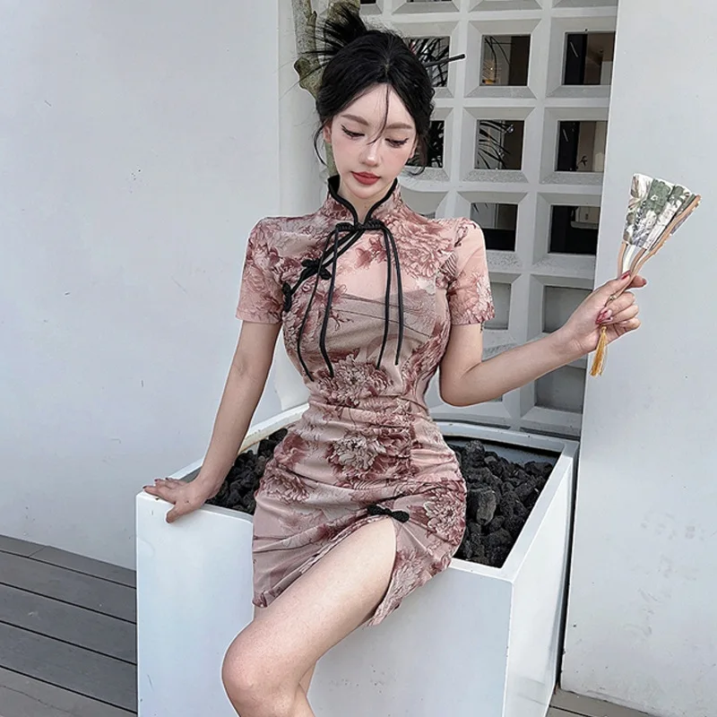 Китайский Cheongsam, летнее высокое тонкое элегантное длинное платье макси с цветочным принтом, горячая сексуальная короткая юбка, корейская модная женская одежда Y2K