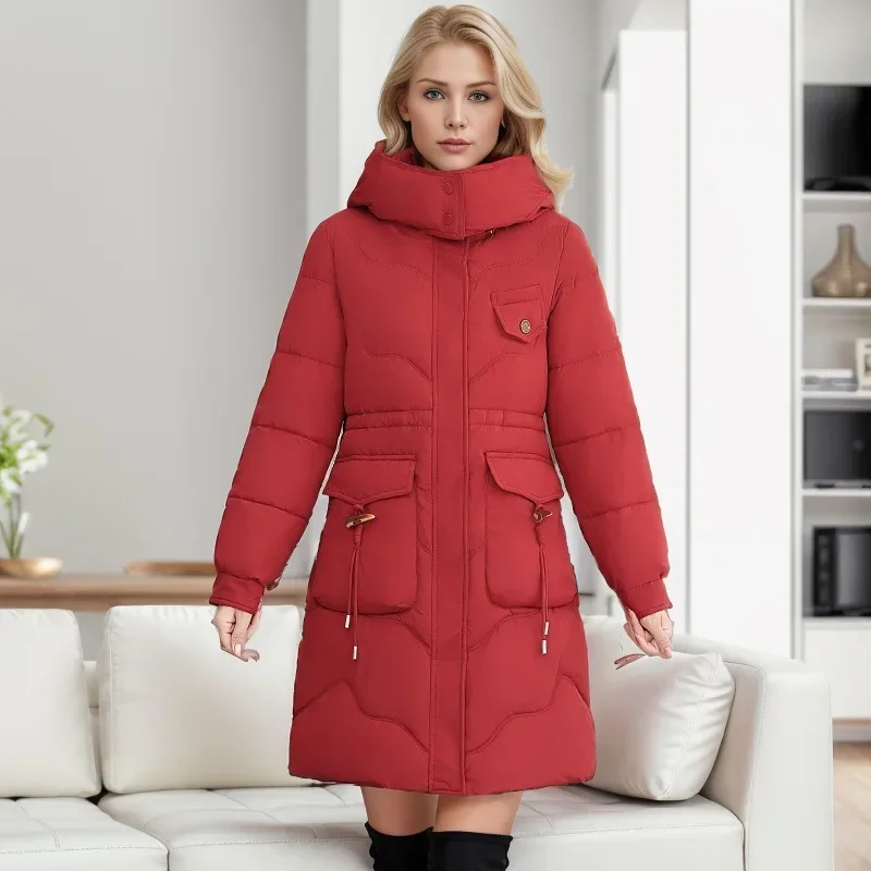 Giacca in cotone stile lungo sopra il ginocchio abbigliamento in cotone spesso alla moda giacca in cotone temperamento con cappuccio tinta unita per donna