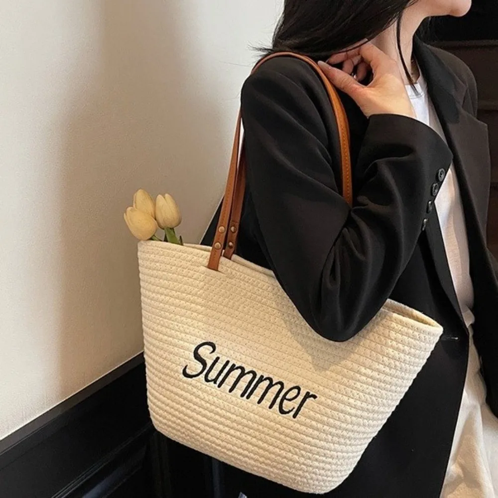 

Casual Letter Women Tote Bag Solid Color Large Capacity Weave Beach Bag Korean Style Basket Cotton Rope Handbag Seaside