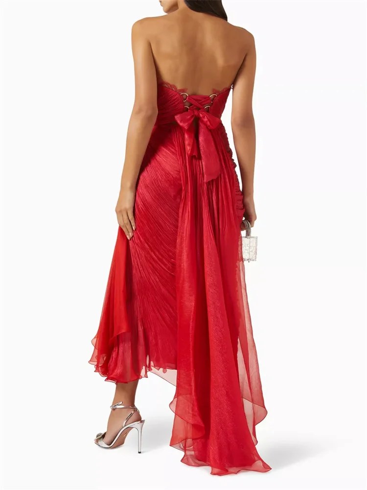 Customized Lace Ruffled Bustier Midi Dress Sleeveless Bandeau Bust Lace Trimmed Pintucked Chiffon Draped Lace-Up Evening Gown