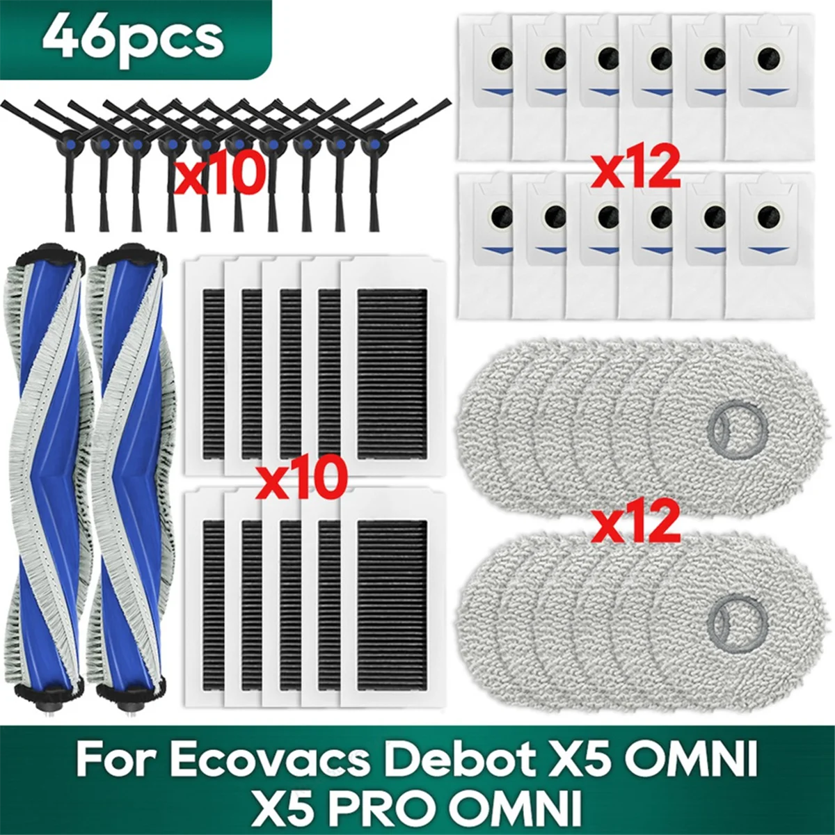 

B26B 46PCS Brush Filter Mop Cloth and Dust Bag for Ecovacs X5 Omni X5 Pro Omni Vacuum Cleaner Accessories Replacement Parts