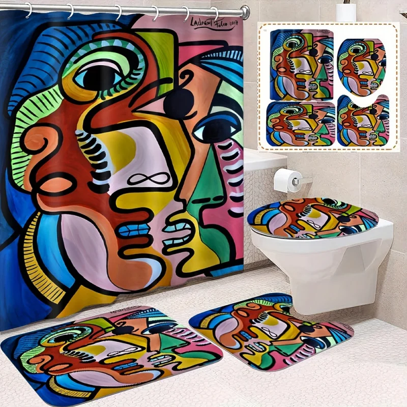 1/4pcs Abstract Figure Pattern , Decorative Bathroom Set Including Waterproof Shower Curtain With Hooks, Non-s