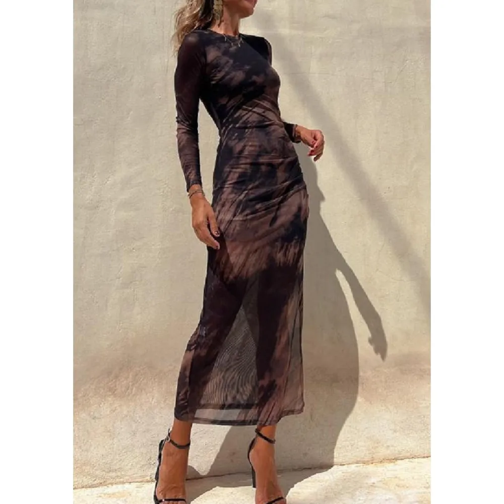 Robe en maille transparente à manches longues pour femmes, col rond, sexy, tambour, manches longues, fente haute, robes de soirée de vacances,