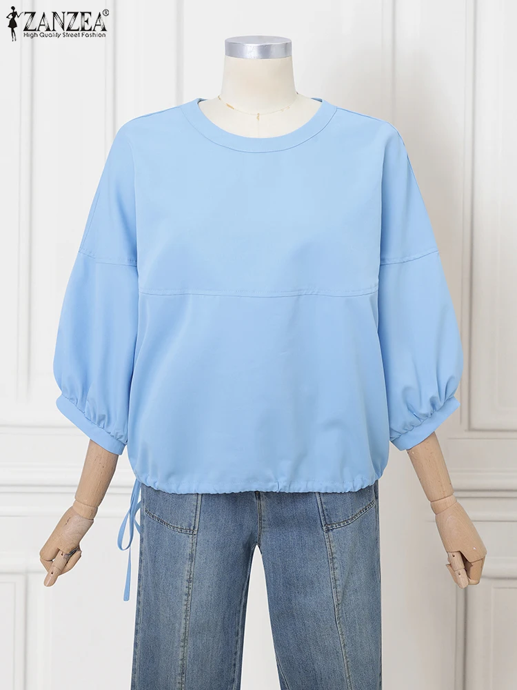 2025 ZANZEA Stylish Autumn Blouse Women Solid OL Work Tops Elegant Casual O Neck 3/4 Sleeve Office Shirt Drawstring Hem Blusas